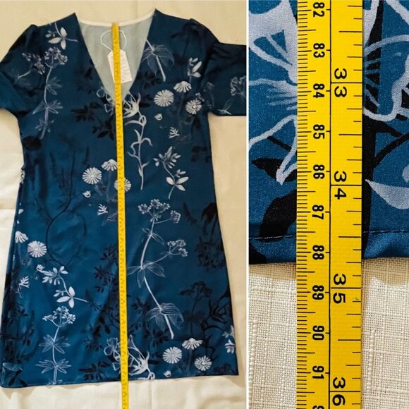 Floral V-Neck Mini Dress Sz Medium with Puff Sleeves Eco-Friendly Blue Botanical - Picture 7 of 10